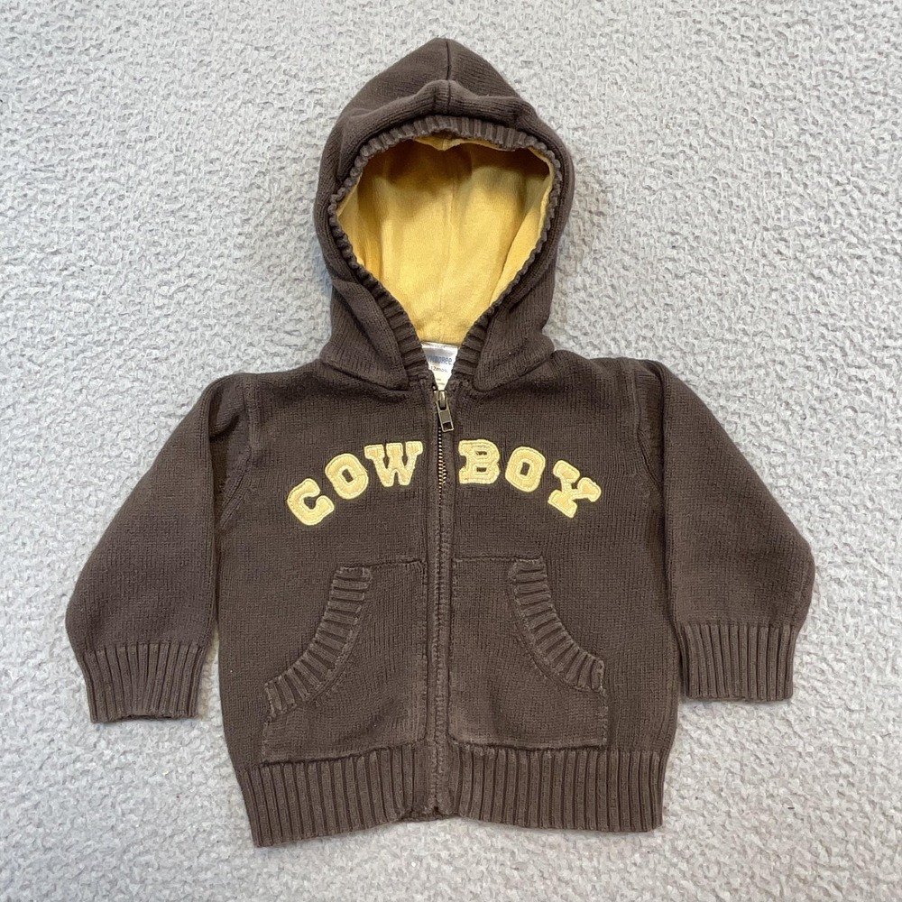Gymboree Sweater Boys 9-12 Months Brown Cowboy Hooded Full Zip Knit Cotton‎